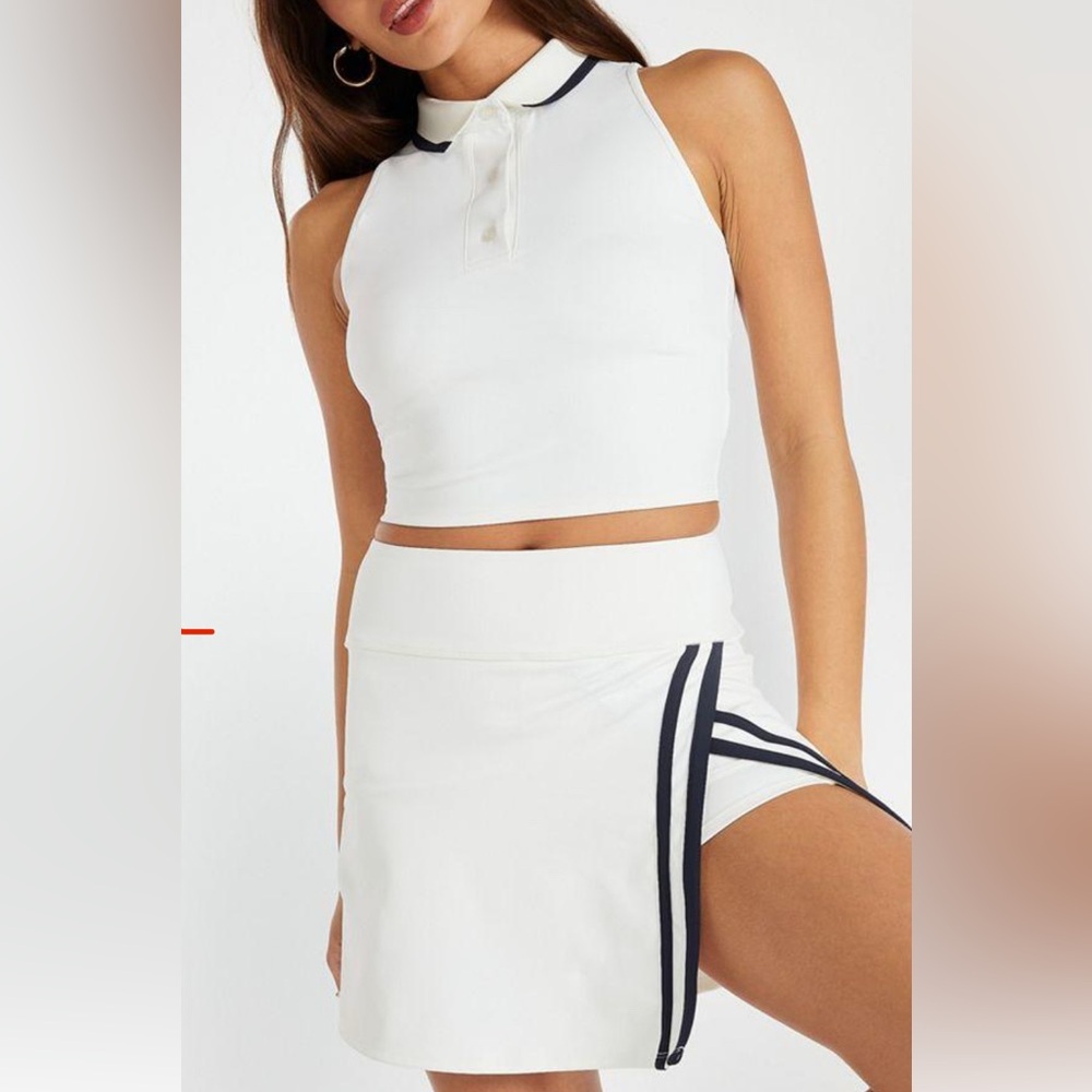 White Sleeveless Top and Skirt Set with Black Stripes